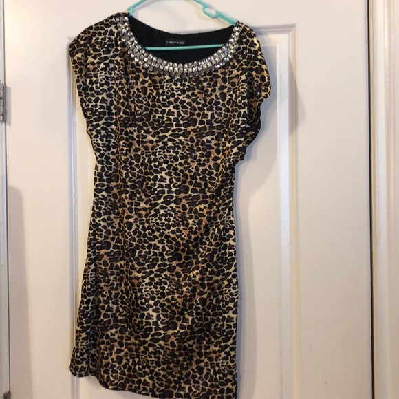 Rampage Dresses & Skirts - Leopard mini dress with rhinestoned neckline!